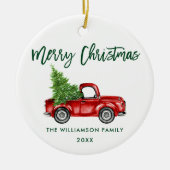 グリーンブラシスクリプト水彩ヴィンテージレッドトラック セラミックオーナメント (正面)