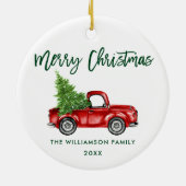 グリーンブラシスクリプト水彩ヴィンテージレッドトラック セラミックオーナメント (裏面)