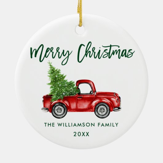 グリーンブラシスクリプト水彩ヴィンテージレッドトラック セラミックオーナメント (裏面)