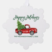 グリーンブラシスクリプト水色トラックホリデー オーナメントカード (正面)