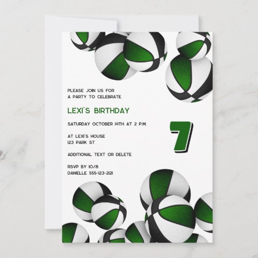 グリーンブラックのバスケットの子供のスポーツ誕生日 招待状 (正面)