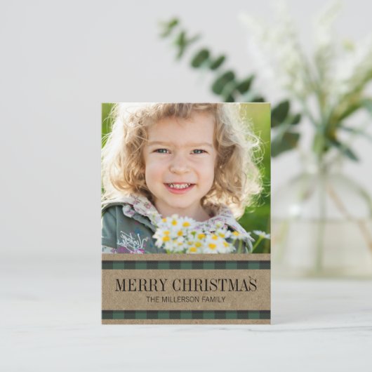 グリーンブラックギンガムクラフトメリークリスマスフォト ポストカード (スタンド正面)