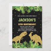 グリーンブラックグリッター恐竜誕生日招待状 招待状 (正面)