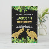 グリーンブラックグリッター恐竜誕生日招待状 招待状 (スタンド正面)