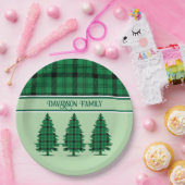 グリーンブラックコージータータンチェックパインツリーズ ペーパープレート (パーティー)