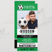 グリーンブラックサッカーチケット誕生日パーティー写真 招待状 (正面/裏面)