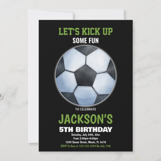 グリーンブラックサッカーフロアサッカー誕生日 招待状 (正面)