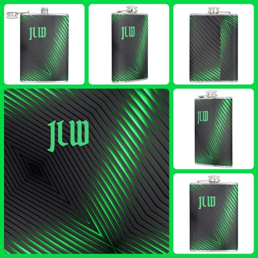 グリーンブラックストライプテクノ抽象芸術とイニシャル フラスク