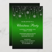 グリーンブラックスパークルスノーフレークスクリスマスパーティー 招待状 (正面/裏面)