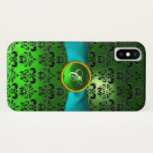 グリーンブラックダマスクジェムモノグラムアクアブルーリボン Case-Mate iPhoneケース (裏面(横))