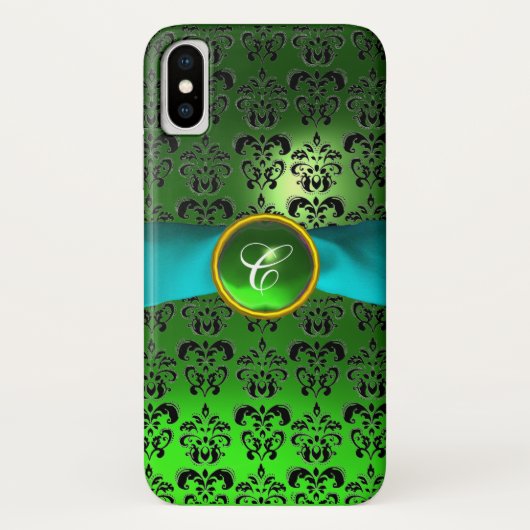 グリーンブラックダマスクジェムモノグラムアクアブルーリボン Case-Mate iPhoneケース (裏面)