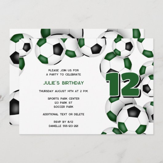 グリーンブラックチームカラーサッカーボールスポーツパーティー 招待状 (正面/裏面)