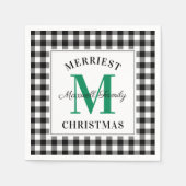 グリーンブラックバッファロープレイドクリスマスモノグラム スタンダードカクテルナプキン (正面)