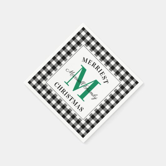 グリーンブラックバッファロープレイドクリスマスモノグラム スタンダードカクテルナプキン (角)