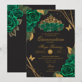 グリーンブラックバラティアラ金ゴールドグリッターキンセアニラ 招待状 (正面/裏面)