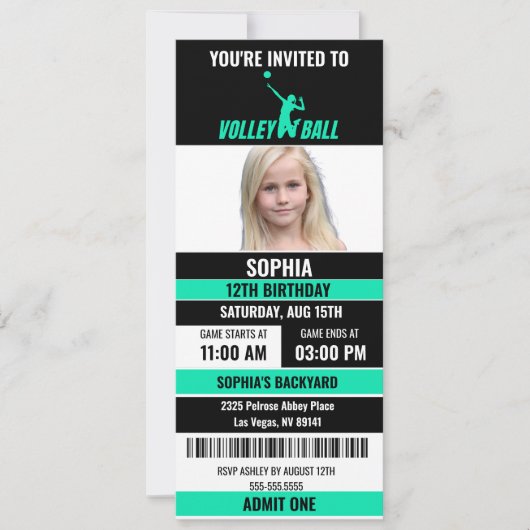 グリーンブラックバレーボールチケット誕生日写真 招待状 (正面)