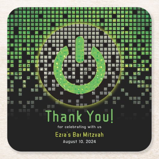 グリーンブラックビデオゲームゲーマーバー(ユダヤ教の)バル・ミツバー スクエアペーパーコースター (正面)