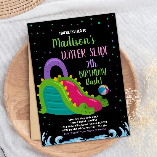 グリーンブラックピンクウォータースライド誕生日招待状 招待状