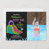 グリーンブラックピンクフォトウォータースライド誕生日 招待状 (正面)