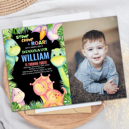 グリーンブラックフォト恐竜誕生日招待状 招待状