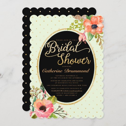 グリーンブラックフローラシックブライダルシャワー 招待状 (正面/裏面)