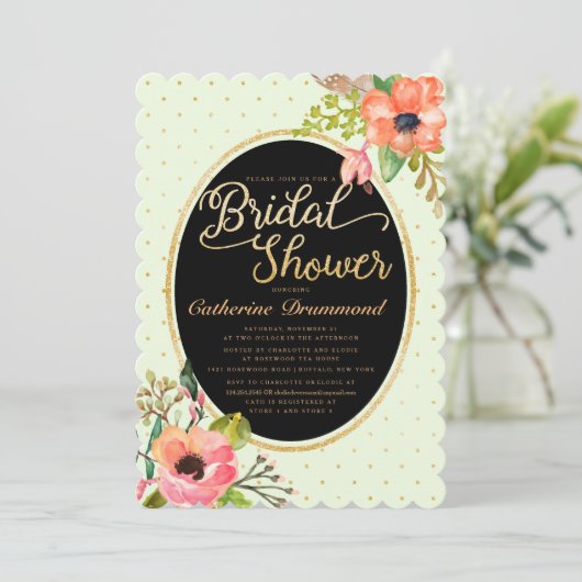 グリーンブラックフローラシックブライダルシャワー 招待状 (スタンド正面)