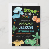 グリーンブラック恐竜誕生日招待状 招待状 (正面)