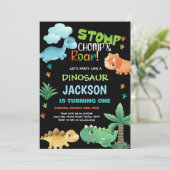 グリーンブラック恐竜誕生日招待状 招待状 (スタンド正面)