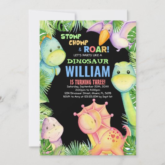 グリーンブラック恐竜誕生日招待状 招待状 (正面)