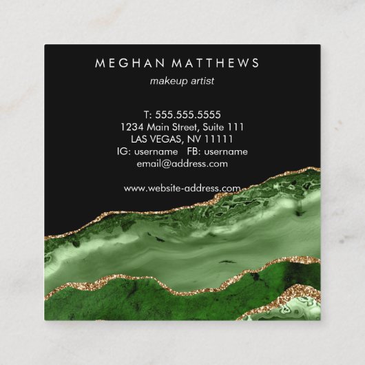 グリーンブラック金ゴールドグリッターアゲート美しいスタイリスト   スクエア名刺 (裏面)