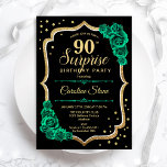 グリーンブラック金ゴールドサプライズ90誕生日 招待状<br><div class="desc">90th Birthday Party Invitation（誕生日パーティーへの招待）黒フェミニンとエメラルドのグリーンデザインとフェイクグリッター金ゴールド。機能バラ、スクリプトフォント、紙吹雪。女性の日エレガントお祝いに最適。任意のパーソナライズされた年齢を示すことができる。印刷されたZazzle招待状または即時ダウンロードのデジタル印刷可能なテンプレート。</div>