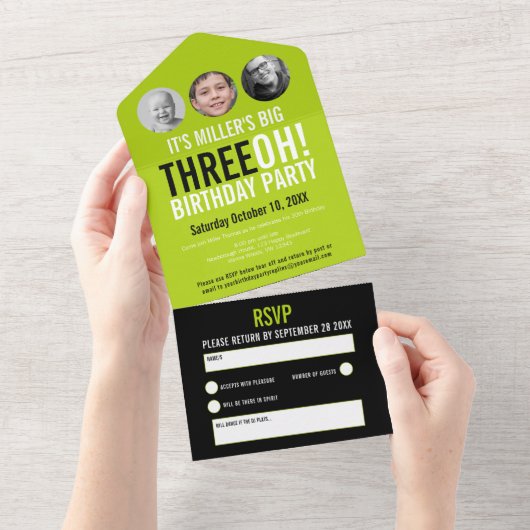 グリーンブラック30th誕生日パーティーカスタム写真 オールインワン招待状 (貼ってはがせる)