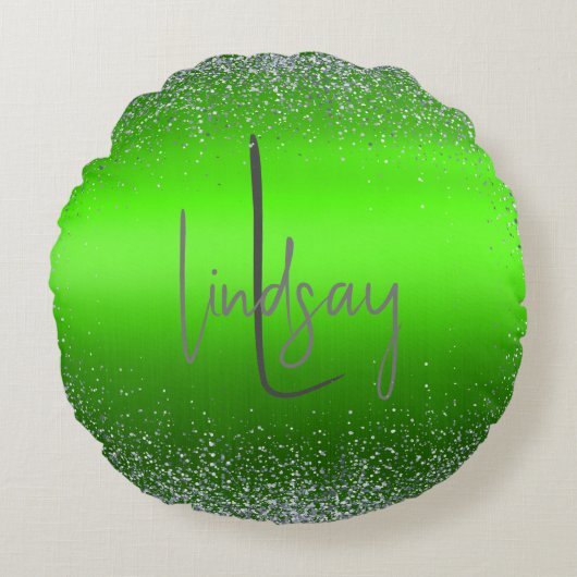 グリーンブラッシュメタルグリッターモノグラムシンプル | ラウンドクッション (正面)