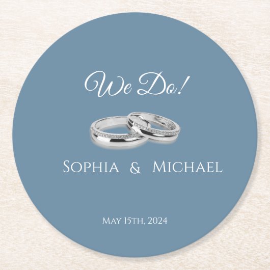 グリーンブルーとホワイトの結婚紙コースター ラウンドペーパーコースター (正面)