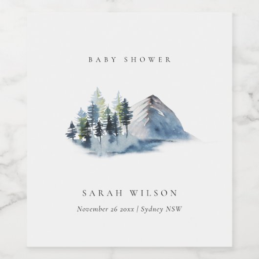 グリーンブルーの松林の山のベイビーシャワー ワインラベル (シングルラベル)