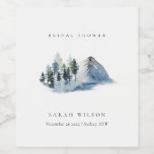 グリーンブルーの松林 山のブライダルシャワー ワインラベル (シングルラベル)