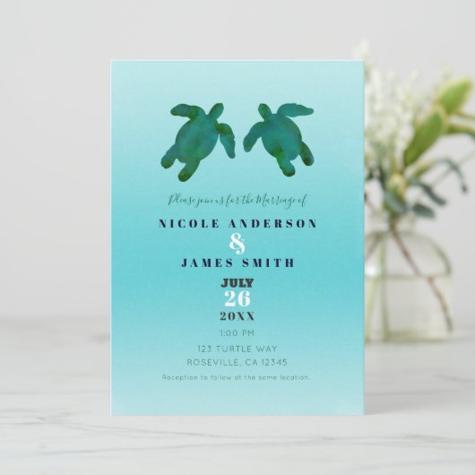 グリーンブルーウォーターカラー海ウミガメ結婚ズ 招待状 (スタンド正面)