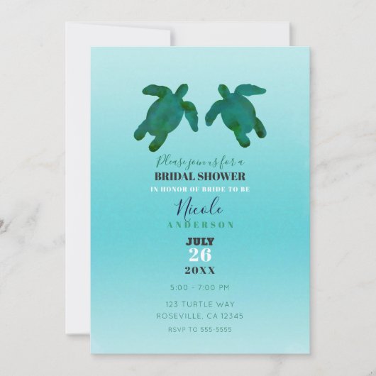 グリーンブルーウォーターカラー海カメブライダルシャワー 招待状 (正面)