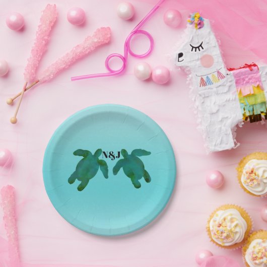 グリーンブルーウォーターカラー2海ウミガメ結婚ズ ペーパープレート (パーティー)