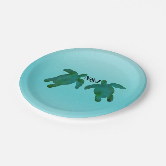 グリーンブルーウォーターカラー2海ウミガメ結婚ズ ペーパープレート (アングル)