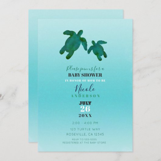 グリーンブルーウォーター色海ウミガメ赤ちゃんシャワー 招待状 (正面/裏面)