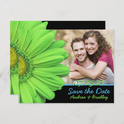 グリーンブルーガーベラデイジー結婚写真 セーブザデート (正面/裏面)