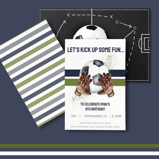 グリーンブルーキッズスポーツサッカー誕生日 招待状