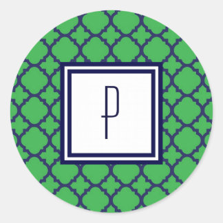 グリーンブルークローバーモノグラムステッカー ラウンドシール