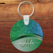 グリーンブルーグリッター手書き書道 キーホルダー (正面)