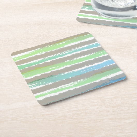 グリーンブルーグレーの水色のストライプ スクエアペーパーコースター (アングル)
