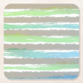 グリーンブルーグレーの水色のストライプ スクエアペーパーコースター (正面)