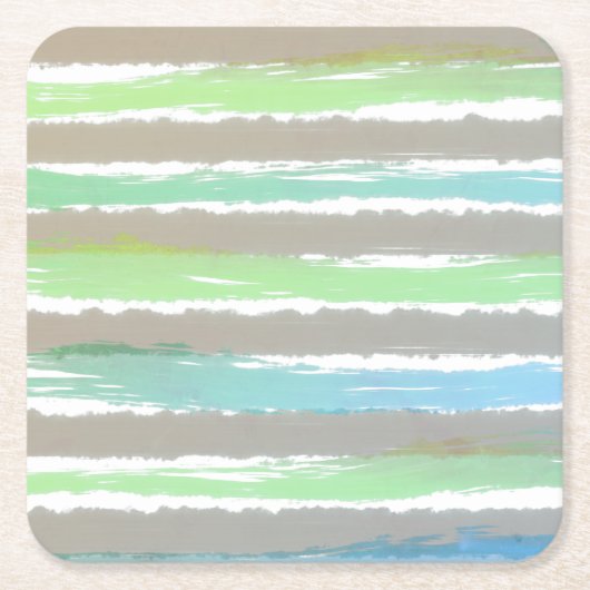 グリーンブルーグレーの水色のストライプ スクエアペーパーコースター (正面)