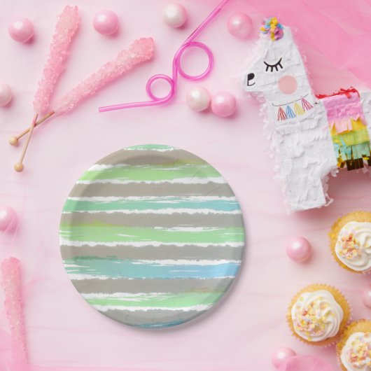 グリーンブルーグレーホワイトウォーター色のストライプ ペーパープレート (パーティー)