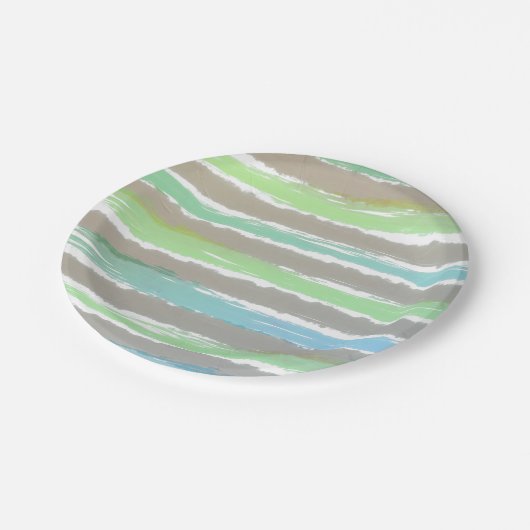 グリーンブルーグレーホワイトウォーター色のストライプ ペーパープレート (アングル)